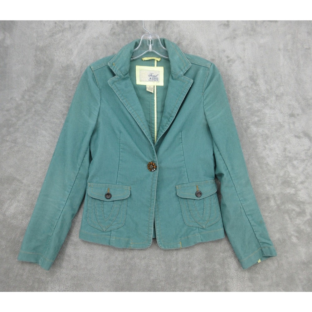 Vintage Fossil Jacket Women Size S Corduroy 90s Y2K Rhinestone Snap Fitted Blue
